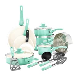 GreenLife Soft Grip 16 Piece Cookware Set, Non-Toxic PFAS-Free Ceramic Nonstick, Pots, Frying, Sauce, Saute, Glass Lids, Stay-Cool Handles, Wobble Free Bases, Dishwasher & Oven Safe, Turquoise