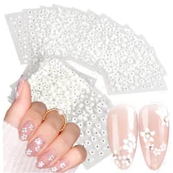 ZRZETREB 30 Sheets White Flower Nail Stickers 3D Self-Adhesive Nail Art Stickers White Floral Nail Decals with Rhinestones Spring Flowers Nail Designs Stickers for Women Manicure Decorations Charms Tips