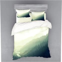 Lunarable Landscape Duvet Cover Set, Aerial View of Pine Trees on The Valley with River in Morning Fog Mist Artwork, 4 Piece Bedding Set with Shams and Fitted Sheet, Queen Size, Yellow Green
