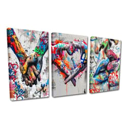 TUMOVO Banksy Street Art Graffiti Hand Pictures Heart Love Paintings Romantic Kiss Artwork for Living Room Gift 3 Pieces Canvas Wall Art Nordic Home Decor Framed Ready to Hang Poster and Prints(42''Wx20''H)