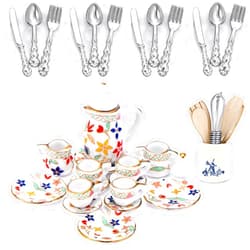 Skylety 37 Pieces 1:12 Scale Miniatures Dollhouse Kitchen Accessories Include 16 Mini Doll Plates Knife Fork Spoon, 6 Mini Egg Beater Utensil, 15 Mini Tea Cup Set for Doll Toy Supplies (Flora Bloom)