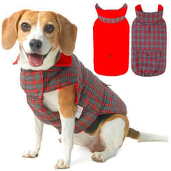 SCIROKKO Reversible Dog Winter Coat, Waterproof Dog Jacket Cold Weather Coats British Style Plaid Soft Snow Vest for Small Medium Large Dogs, Red/Grey, XL