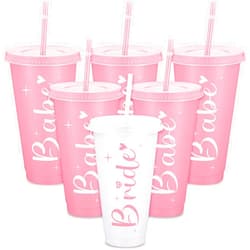 Gerrii 6 Pack Bride Babe Bachelorette Cups for Bachelorette Party 24 oz Pink Plastic Bridesmaids Cups with Lid and Straw for Wedding Gifts