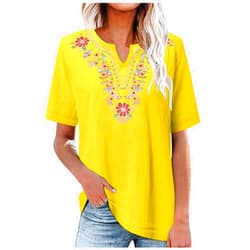 Bawilom Women's Embroidered Blouses Short Sleeve Peasant Boho Floral Mexican Tunic Top Crew Neck Tees Summer Casual T Shirts