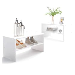 LOWOSA 2-Tier Stackable White Shoe Rack, Wooden 2-Shelf Shoe Organizer Freestanding Shoe Storage Stand for 6-9 Pairs, Perfect for Closet, Entryway, Office Use - White(Pack of 2)