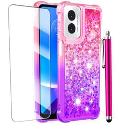 CAIYUNL for Moto G Play 2024 Case with Screen Protector, Cute Women Girls Glitter Bling Liquid Floating Phone Case Slim TPU Soft Silicone Shockproof Girly Cover for Motorola G Play 2024 -Pink Purple