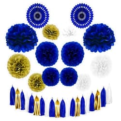 Envibe Navy Blue White Gold Party Decorations, Tissue Paper Pom Poms for Birthday Decorations, Baby Showers, Gender Reveal, Bridal Shower Decorations, 34 Pcs Blue Wedding Decorations.