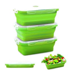 Alimat PluS 40.5oz Collapsible Food Storage Containers with Lids, 3 Pack Set 1200ml Silicone Food Storage Containers, Green Collapsible Food Storage for Kitchen and Outdoor Activities