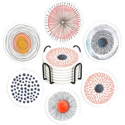 Britimes Coaster for Drinks Set of 6, Watercolor Doodle Circles Flower Absorbent Round Ceramic Stone Mat, with Cork Base and Metal Holder, Gift for Housewarming Room Bar Decor