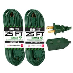 Iron Forge Cable 3 Outlet 25 ft Green Extension Cord 2 Prong, 2 Pack, 16/2 Indoor Extension Cord with Multiple Outlets, 13 AMP 2 Prong Electrical Cable for Home, Office, Outdoor Lights
