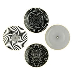 YCBH 8 Inch Set of 4 Assorted Designs, Porcelain Plates With Patterns,Black Ceramic Dessert Plates, Dishware with Golden Rim for Sandwiches Salad Pasta, Microwave Oven Dishwasher Safe (A)