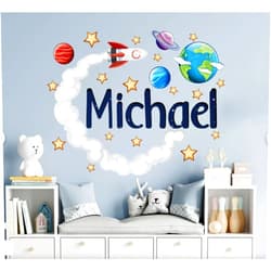 The Colors Crafter Personalized Space Name Wall Decal for Kids Bedroom - Childrens' Outer Space Wall Sticker Set - Solar System Planets Wall Decal for Boys Room - Rocket and Stars Wall Decals Art Mural Vinyl Stickers