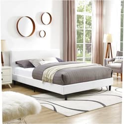 Modway Anya Upholstered White Platform Bed with Wood Slat Support in Queen