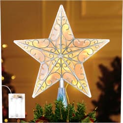 JOIEDOMI 10.5 inch Lighted PVC Glitter Swirl Star Christmas Tree Topper, 10 Warm White Light Silver Tree Topper, Battery Powered for Christmas Tree Decorations Home Holiday Xmas Party Indoor Decor