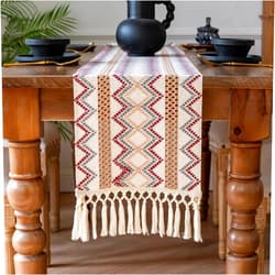 Crisjanggo Rustic Boho Table Runner with Tassels 48 Inches Short Table Runner Cotton Washable Woven Table Decor for Birthday Weddings Bridal Shower