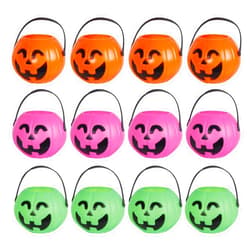 PTYQU Mini Halloween Pumpkin Bucket Orange&Green&Pink Plastic Halloween Witches Cauldron Kettle Multi-Purposed Novelty Candy Holder Decor for Halloween Party (12 Pack)
