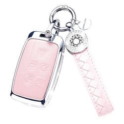 SHANGHONG for LAND ROVER Key Fob Cover with Keychain, Key Case Protection Shell Compatible with Range Rover Evoque Sport Velar Discovery Jaguar F-Pace F-Type XE XEL XF XFL XJ (Pink)