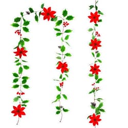 Tepaler 2Pack Christmas Garland Winter Holly Leaves Garland with Red Berry Poinsettia Pinecones 7.8FT Artificial Christmas Greenery Garland for Mantle Holiday Party Wedding Outdoor Indoor Decor