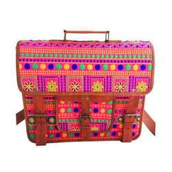 PNCO'' Leather Handmade Embroidery Brown Bag With Adjustable Shoulder Strap made by Canvas Lining