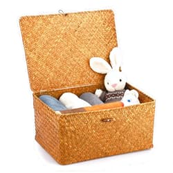 Hipiwe Wicker Shelf Baskets Bin with Lid, Handwoven Seagrass Basket Storage Bins Rectangular Household Basket Boxes for Shelf Wardrobe Home Organizer, Caramel X-Large