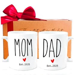 WFFW New Dad & Mom Est 2025 Coffee Mugs, First Time Mom & Dad Gift Set of 2, Pregnancy Announcement & Baby Reveal Mugs (White-198)