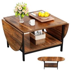 SAYGOER Coffee Table Mid Century Modern Extended Coffee Tables 2-Tier Storage Vintage Table for Living Room Farmhouse Center Table with Two Foldable Panel for Any Large or Small Space, Rustic Brown