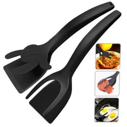 Generic 2 in 1 Flipper Spatula with tongs - Nylon Easy Grip Flip Spatula for Hash browns, Burgers, Steaks, French Toast, Omelets, Pancakes - Non-Stick Head, Ergonomic Handle (Black and Black Mickey)