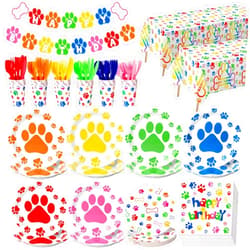 Gejoy 171 Pcs Dog Birthday Party Supplies Dog Party Decorations Dog Paw Plates Banner Tablecloths Napkins Cups Knives Forks Spoons Doggy Puppy Party Decoration Serve 24 Guests(Stylish Color)
