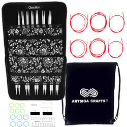 ChiaoGoo Knitting Needles Interchangeable Twist Red Lace Complete 5-Inch Needle Set Bundle with 1 Artsiga Crafts Project Bag 7500-C