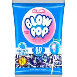 Charms Blow Pop Single Flavor Bag - Blue Raspberry Flavored Lollipops with a Bubble Gum Center - Individually Wrapped Hard Candy - Blue Candy - Peanut Free, Gluten Free, 50 Count (Pack of 1)