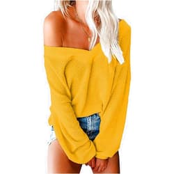 Tobrief Women's V Neck Long Sleeve Waffle Knit Tops Off Shoulder Oversized Pullover Sweater
