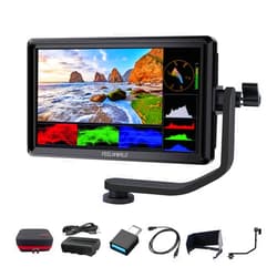 FEELWORLD S55 V3 6 Inch DSLR Camera Field Monitor Bundle - FHD IPS Screen, 4K HDMI in/Out, Tilt Arm, Power Output, Battery & Carry Case Included