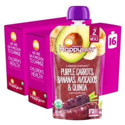 Happy Baby Organics Stage 2 Baby Food Pouches, Gluten Free, Vegan & Healthy Snack, Clearly Crafted Fruit & Veggie Puree, Purple Carrots, Bananas, Avocados & Quinoa, 4 Ounces (Pack of 16)