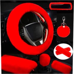STEVE YIWU Cute Fluffy Steering Wheel Cover Set, Warm Soft Fur Fuzzy Steering Wheel Covers for Women/Girls,Universal 15 Inch 1 Set 8 Pcs Furry Car Accessories (Red)