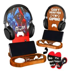 PAVQWEJ Gamer Gifts for Men Boys Teen Christmas, Gaming Room Decor Gifts for Brother Men Son Dad Husband Friends Gamer, Game Room Accessories Stuff, Wooden Headset Stand - Can't Hear You I'm Gaming