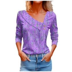 Tawop Women Tops Spring 2024 Long Sleeve V Neck Loose Shirts Plaid Print Asymmetric Button Blouses Business Casual Tunic