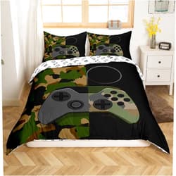 Erosebridal Gamer Bedding Set Teens Boys Camouflage Gamepad Printed Comforter Cover Army Green Video Games Decor Player Gaming Duvet Cover for Adult Girls Kids Camo Game Console Pattern Soft Bespread, Full Size