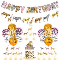 Funmemoir Pink Cheetah Birthday Decorations for Girl - Jungle Safari Theme Party Decorations with Happy Birthday Banner Animal Print Garland Cheetah Balloons Cupcake Cake Toppers for 1st 2nd 3rd Birthday