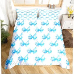 Manfei Cute Bowknot Duvet Cover Set,Princess Style Blue Bow Watercolor Girly Comforter Cover(No Filler) for Kids Teens,Geometric Grids Minimalist Dreamy Quilt Cover with 2 Pillows,Full Size