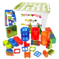 Mag Genius Magnetic Building Tiles - 141 Pieces - STEM Authenticated Colorful & Transparent Tile Shapes in Self-Storage Container