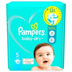 Pampers Baby Dry Size 5, 26 Nappies, up to 12 Hours Leak Protection, 11kg to 16kg.