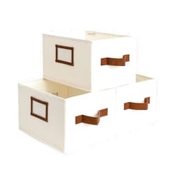 StorageWorks Decorative Storage Bins for Shelves, Storage Baskets with PU Handles, Hand Wash, Canvas, Ivory White, 3-Pack