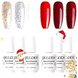 Gellen Christmas Gel Nail Polish Kit - Reds White Glitters Gel Polish, Trendy Nail Art Golden Nail Gel Polish Home Gel Nail Starter Manicure Set Christmas Reds 0.27 Fl Oz (Pack of 6)