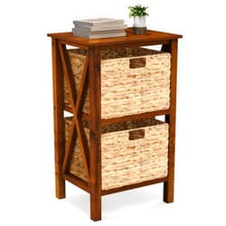 Giantex 2-Tier Nightstand with 2 Wicker Baskets, Wooden X-Design Side Table End Table, Beside Table with Acacia Wood Legs, Mid Century Accent Storage Cabinet for Small Spaces, Bedroom, Walnut