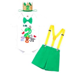 IBTOM CASTLE Baby Boy 1st Birthday Outfit Jungle Woodland Animal Romper & Bloomers & Suspenders 3PCS Clothes Suit Photography