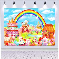BUTEN Candyland Theme Party Backdrop 8X6FT Cartoon Rainbow Lollipop Icecream Donut Sweet Candy Photography Background for Kid Adult Candy Party Decoration Banner Baby Shower Photo Props (94X70inch)