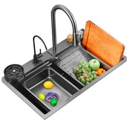 Meng Wei home Black Sink with Waterfall Faucet Stainless Steel Sink Kitchen Sink with Cup Washer Black Faucet Large Capacity Sink Complete Accessories (Size : 80x45x22cm)