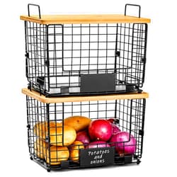 AOZITA 2 Set Stackable Wire Basket with Bamboo Top, Kitchen Counter, Pantry Organizer and Storage, Produce Onion Potato Fruits Vegs Bread Food Snack Spice Organizing Bin for Cabinet Shelf Countertop Floor XL