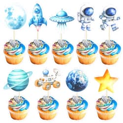 Gyufise 36Pcs Space Astronaut Cupcake Toppers Planet Rocket Telescope Trip to the Moon Cupcake Picks for Outer Space Baby Shower Gender Reveal Birthday Party Cake Decorations Blue