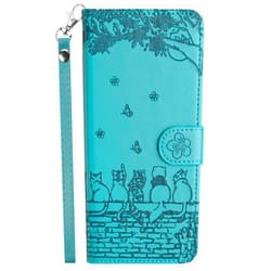 XYX Wallet Case for Samsung S23, PU Leather Flip Protective Phone Case Card Slots Emboss Cat Flower Case with Wrist Strap for Galaxy S23 5G, Blue
